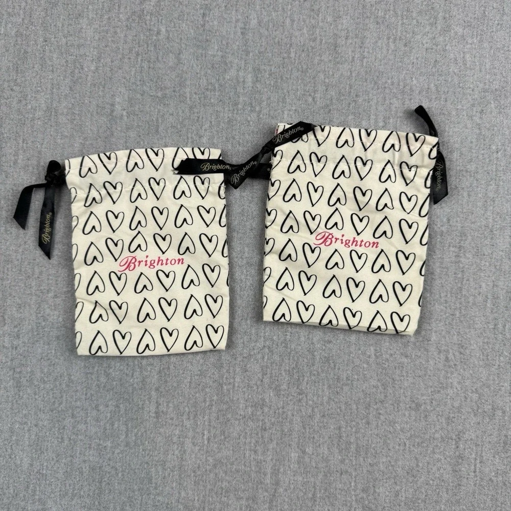 Lot Of 2 Vintage BRIGHTON Bag Black White Medium Hearts Drawstring Jewelry Pouch